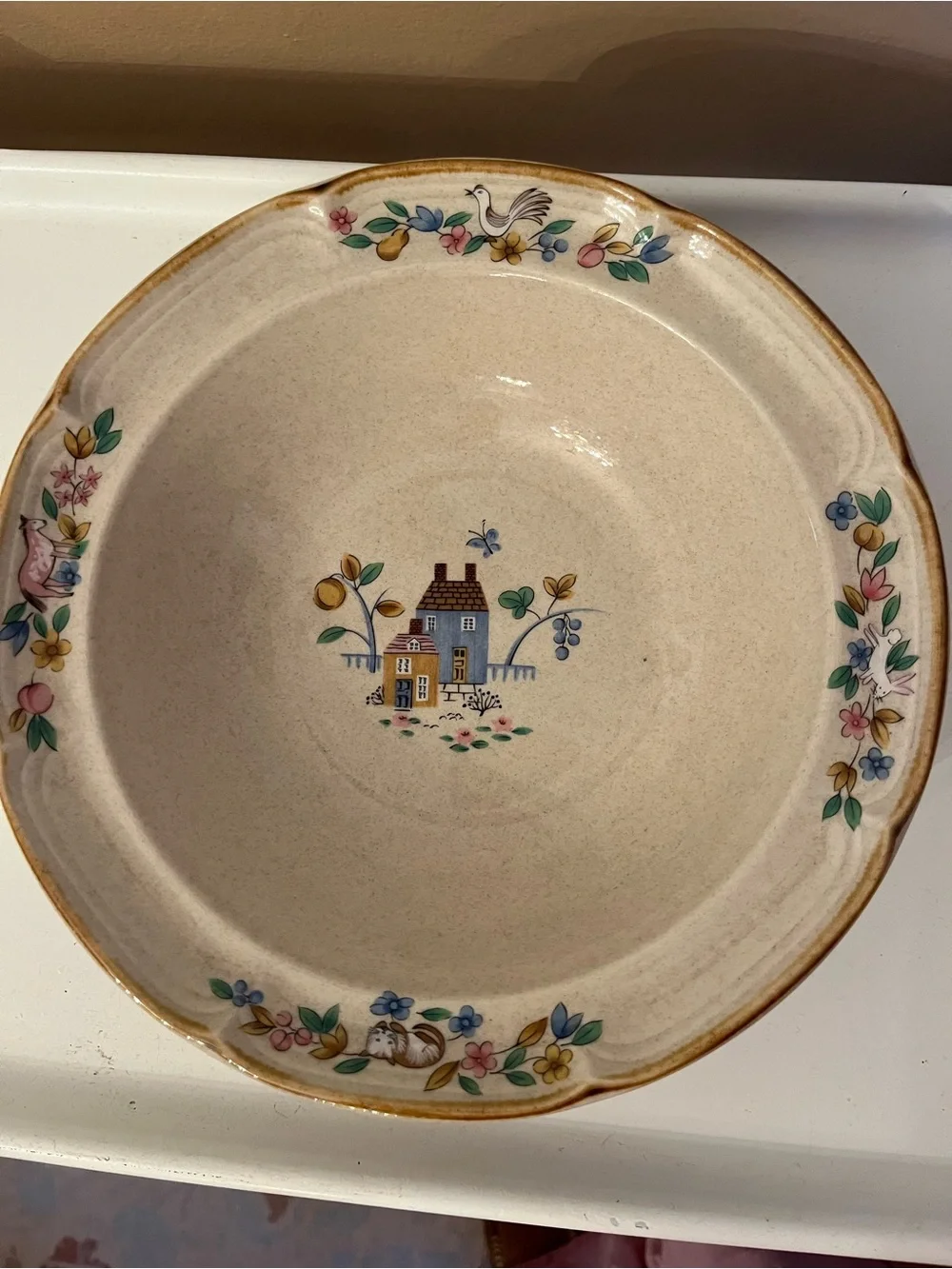 International Heartland Stoneware Serving Bowl with Country Cottage Scene
